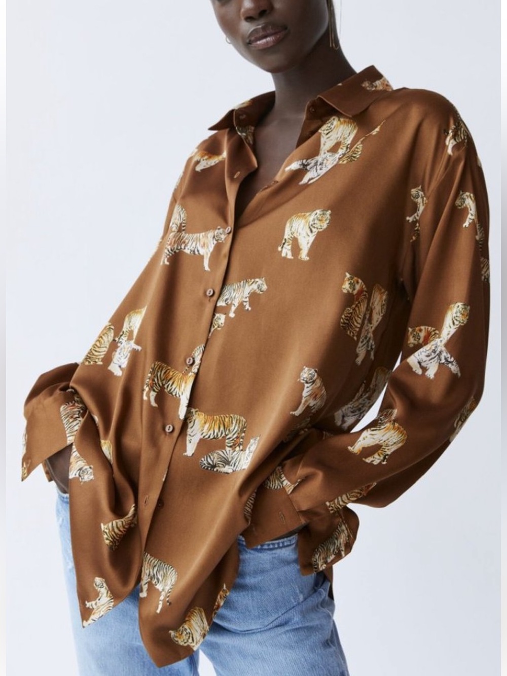 Zara RARE Satin Effect Tiger Print Button Front Blouse